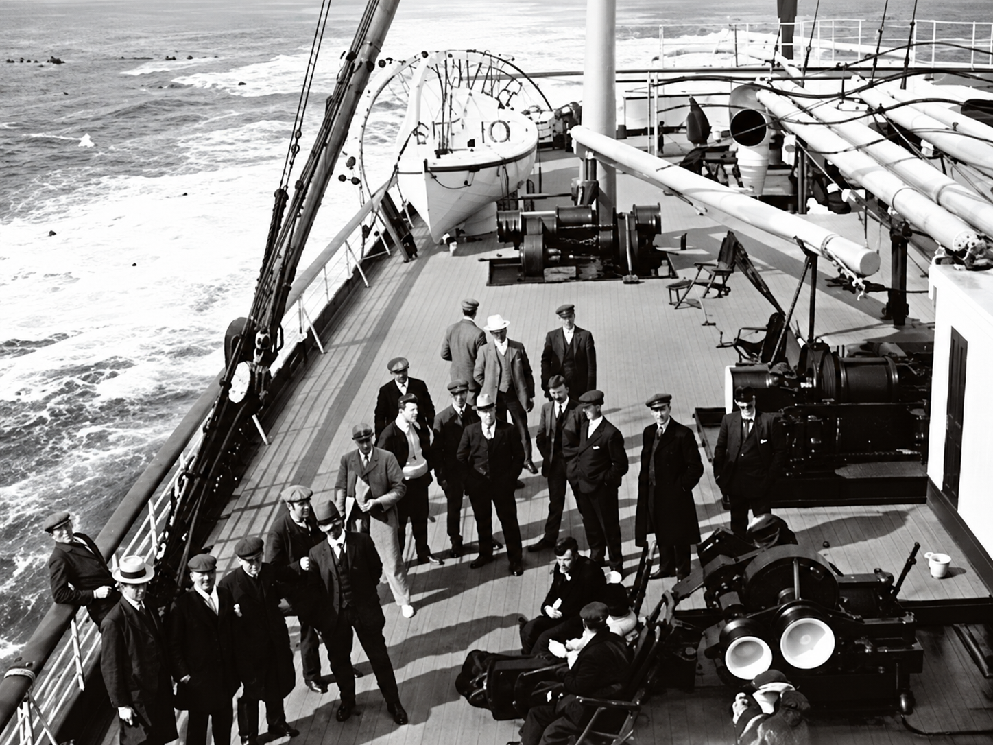 Passengers gathered on the deck of a liner