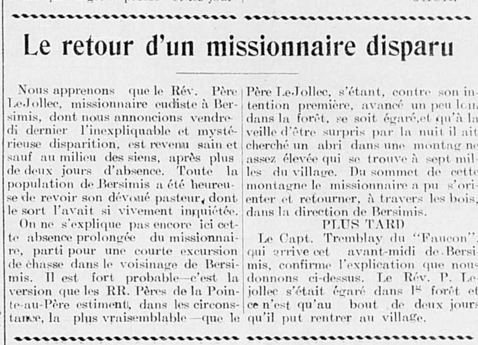 Archive clipping enlarged from the Gulf Progress PDF; the title indicates The Return of a Missing Missionary