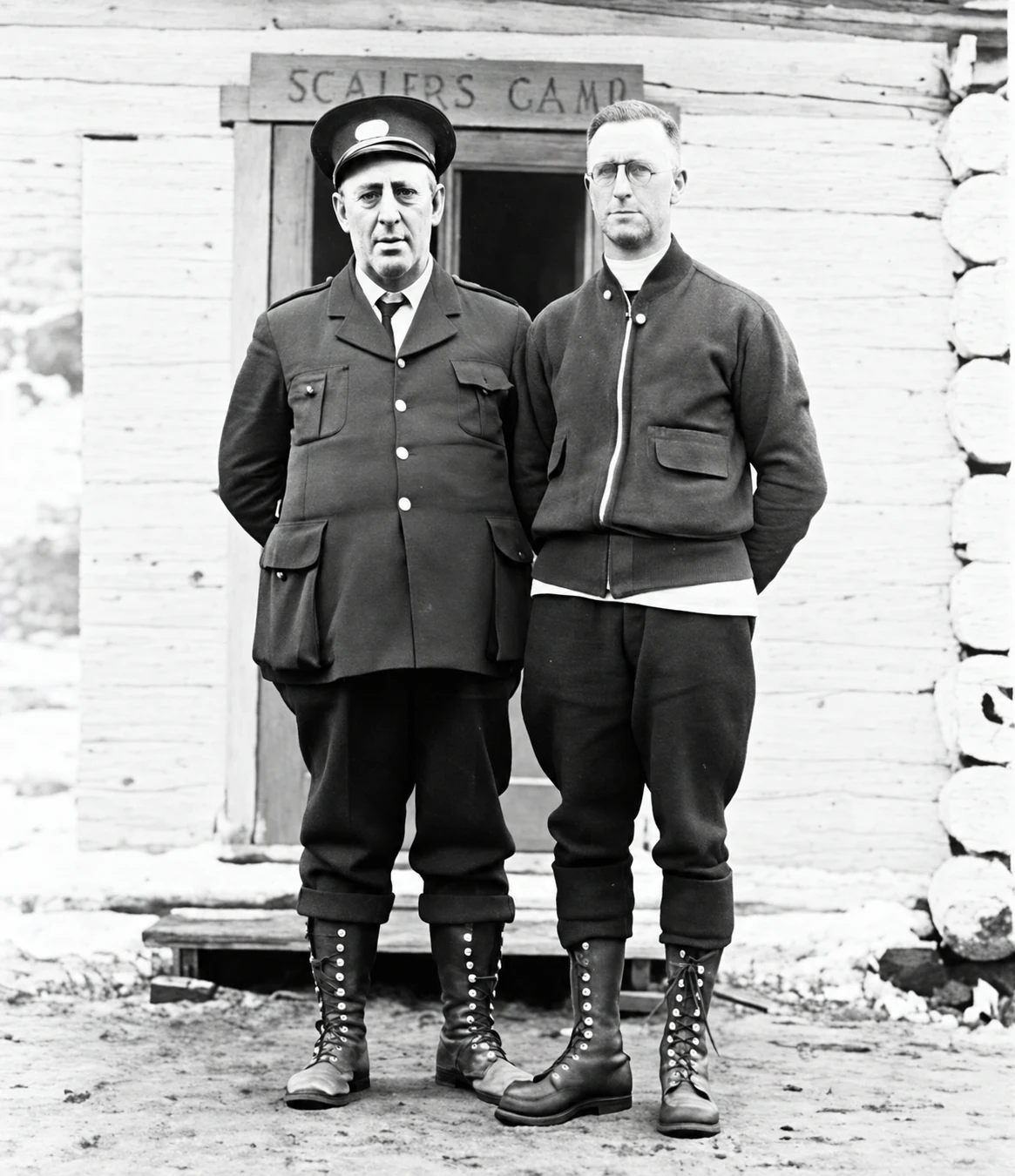 Deux missionnaires devant un camp forestier, photographie d’archives restaurée