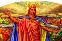 Le Christ Roi, les bras ouverts dans une fresque de Nincheri